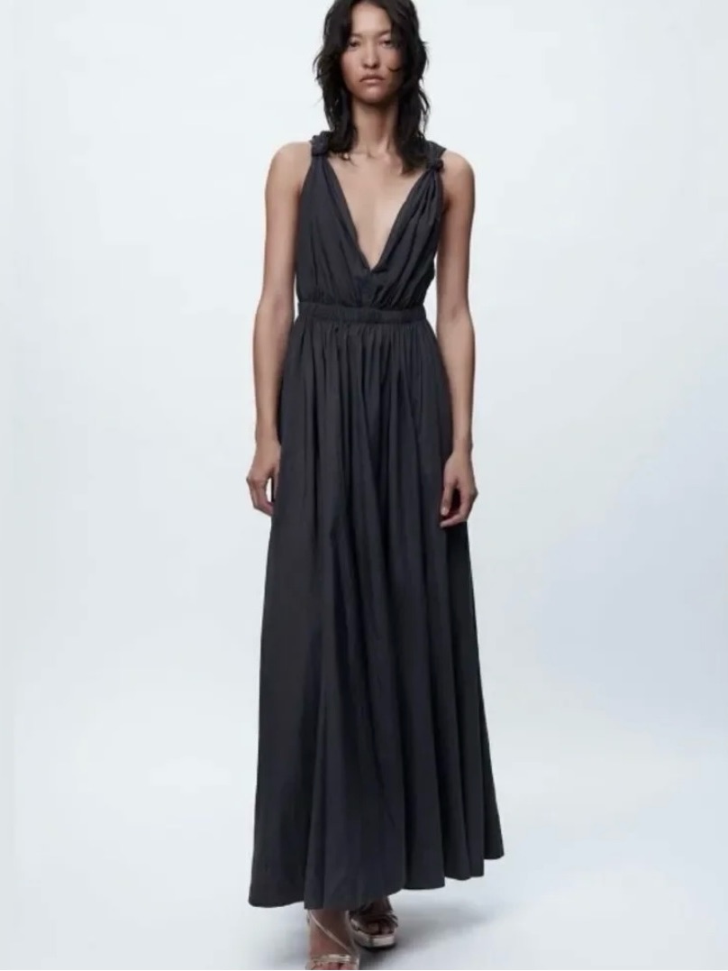 Zara Nylon Plunge Neckline Flowy Maxi Dress In Black Size Xs